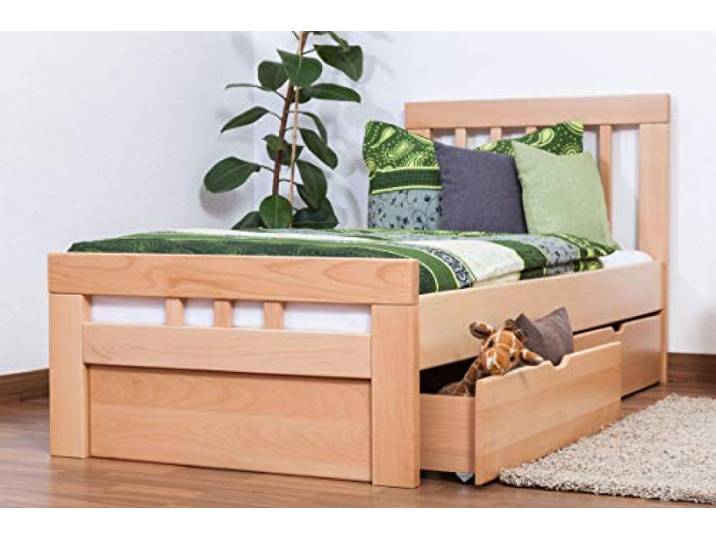 Steiner Shopping Einzelbett/Gästebett Easy Premium Line K8 inkl. 2 Schubladen und 1 Abdeckblende, 90 x 200 cm Buche Vollholz massiv Natur