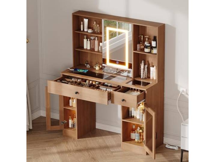 Zstar Schminktisch mit Spiegel & LED Beleuchtung Beleuchteter Frisiertisch mit 3-Farben-LED, Schiebespiegel, kratzfester Glasplatte, Schubladen, Regenbogen-Glasvitrinen, USB/AC-Steckdosen, MDF
