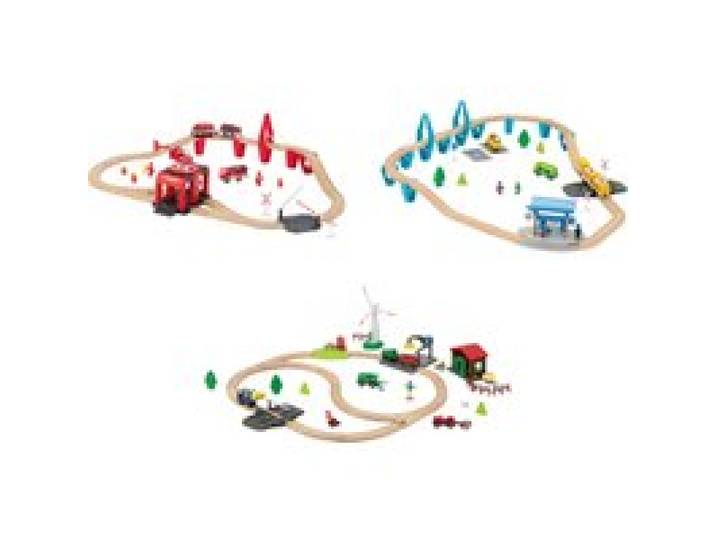 LUPILU® Coffret train Pompier / Coffret train Train de voyageurs / Coffret train Ferme, 36 pièces / 50 pièces / 49 pièces.