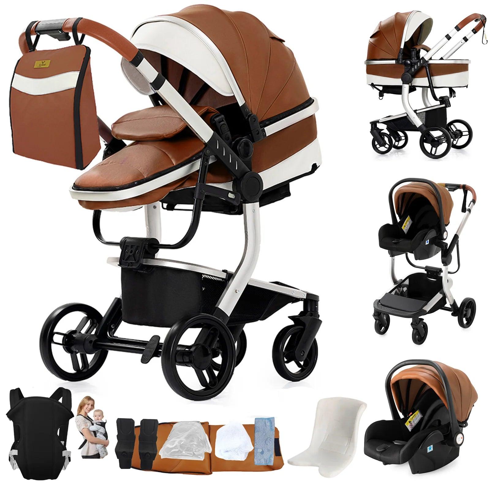3-in-1 Kinderwagen mit Autositz, wasserdicht, aus Leder, zusammenklappbar, Reisesystem