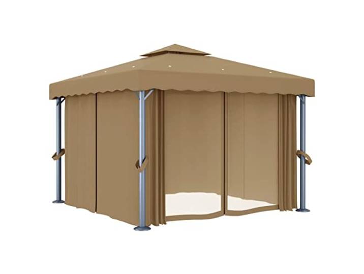 Pavillon mit Vorhang 3x3 m Taupe Aluminium Polyester PA-Beschichtung, 2-stöckiges Dach, Moskitonetz, Haken und Schlaufen, für Garten und Terrasse