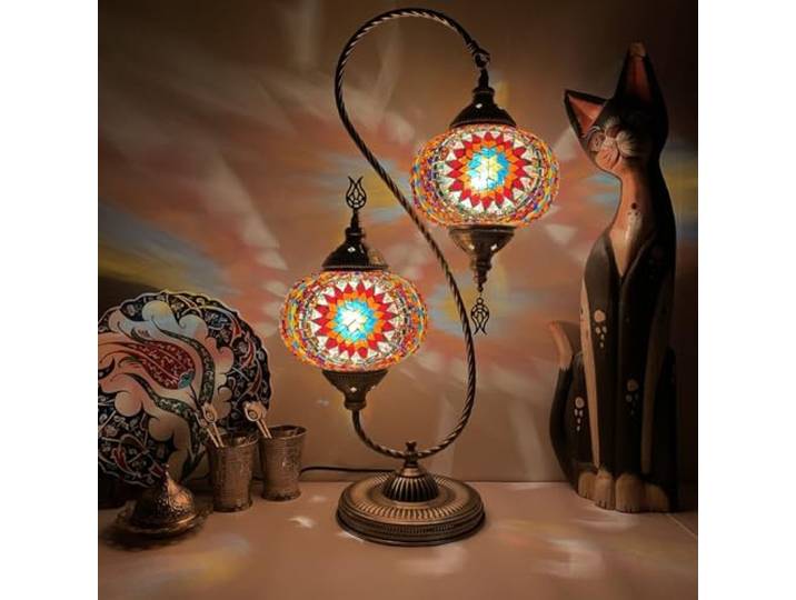 GDLight Türkische Mosaik-Tischlampen mit Schwanenhals und 2 Lichtern, Marokkanische Klassische Tischlampen mit Doppelkopf Handgefertigte Nachtlichter aus Glas für Schlafzimmer, Kinderzimmer, Café,H