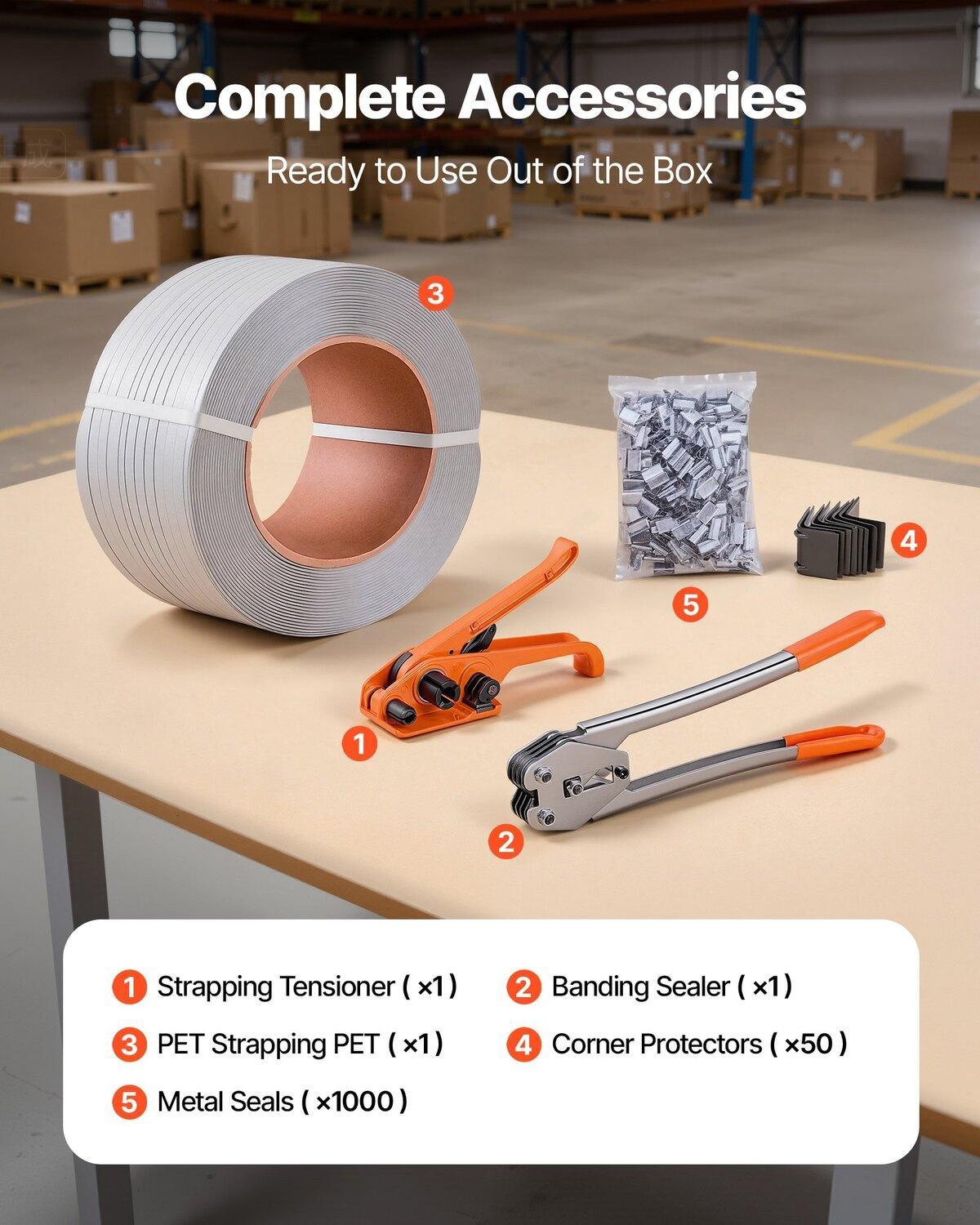 VEVOR Bundelbandset met bundelbandmachine, 975 meter PP-bundelband, 1000 metalen afsluitingen en 50 hoekbeschermers