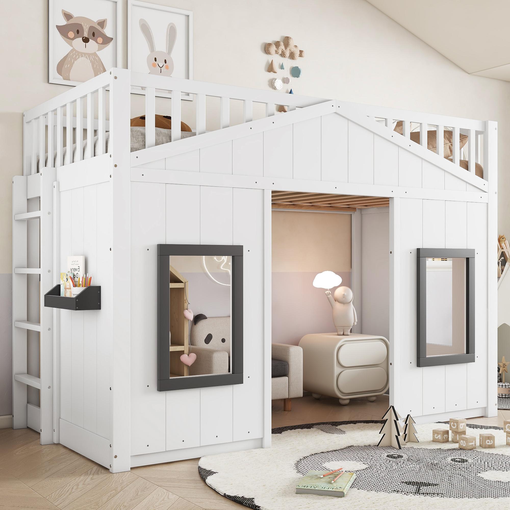 Etagenbett 90x200cm mit Treppe, Sicherheitsgeländer und Fenster, aus Kiefernholz und MDF, weiß