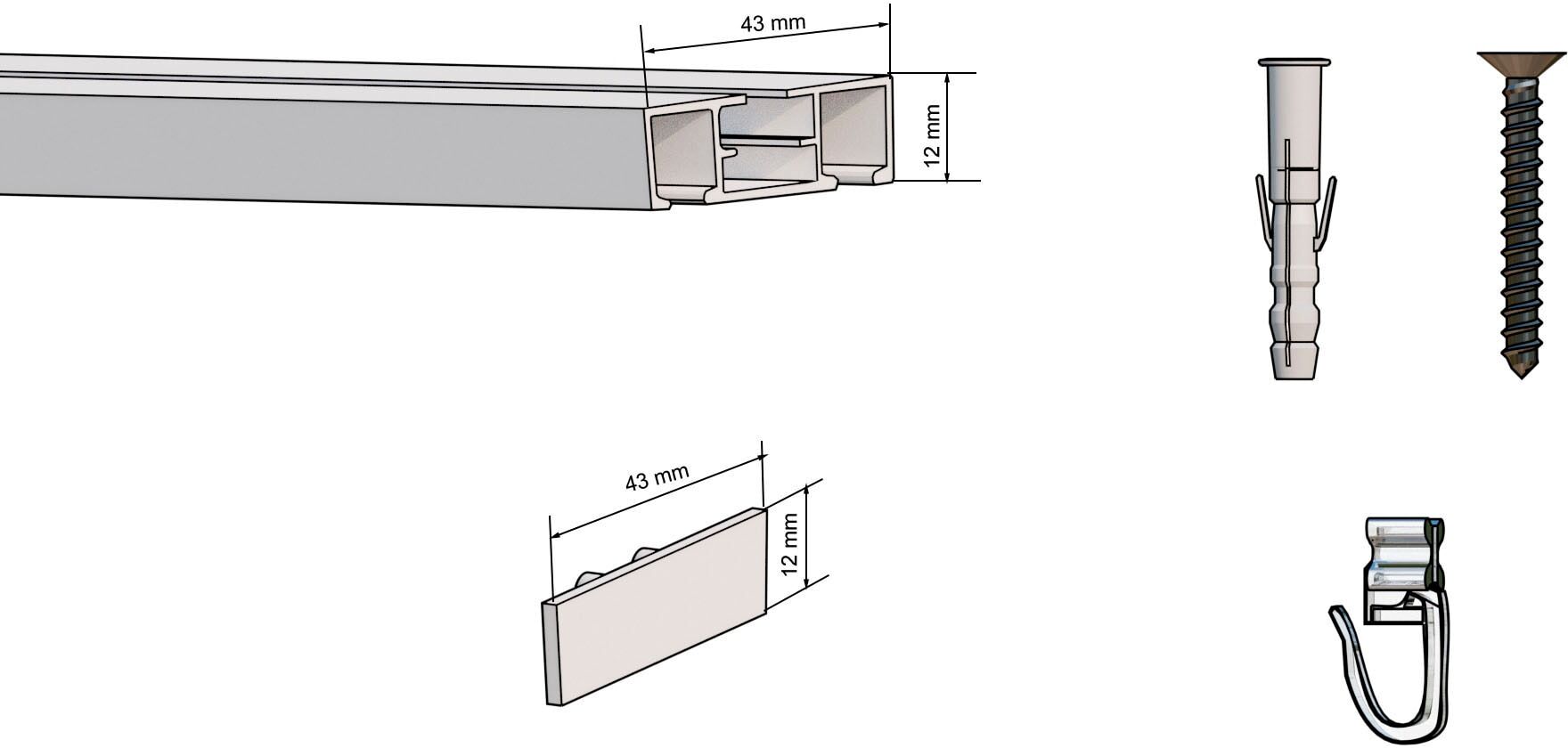 Schienensystem INDEKO "Objektschiene", weiß, L:260cm, Aluminium, Kunststoff, Gardinenstangen, Schienensystem, Innenlauf Gardinenschiene, Set inkl. Gleitern & Montagematerial