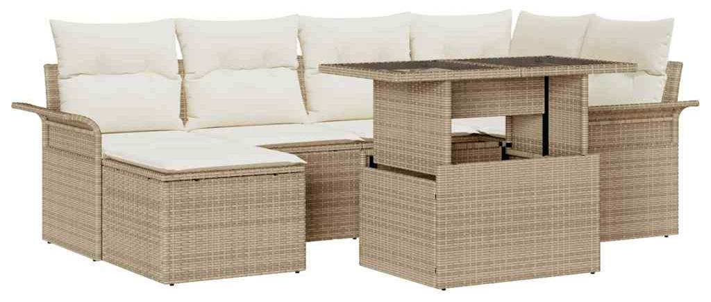Gartenbank - Modulares Lounge-Set aus wetterbeständigem Polyratan mit Glastisch - Beige und Weiß