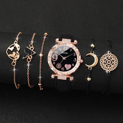 Fusion Finds Women's Watch Set With Leather Strap Quartz Watch And Matching Bracelets b Set