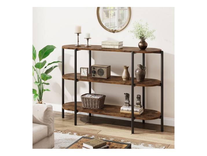 GarveeMore Konsolentisch 3-stöckiger ovaler Beistelltisch mit offenen Regalfächern, schmales Sideboard mit stabilem Metallgestell im Industrie-Design