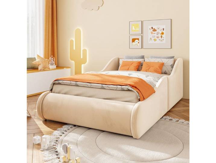 Lit enfant rembourré SENVIRO 90 x 200 cm tête de lit haute beige