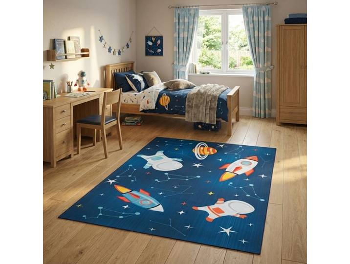 Tapis Chambre Enfant Motif Fusées Planètes Bleu TAPISO Snooki Poils Courts Doux Antidérapant OEKO-TEX Déco Garçon 250x350