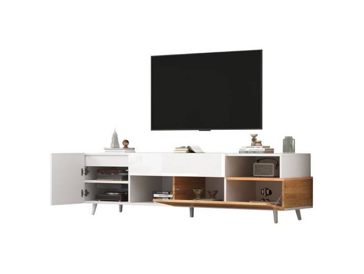 Meuble bas TV 180x38x50 cm 7 compartiments porte inférieure et tiroir compatible TV 75 pouces