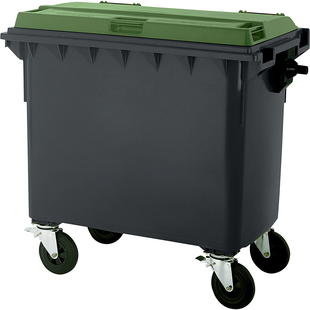 kaiserkraft Müllcontainer aus Kunststoff, DIN EN 840, Volumen 660 l, BxHxT 1360 x 1235 x 765 mm, anthrazit/grün