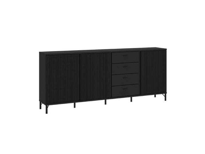 Trendstore Waiola Sideboard – 3 Türen, 4 Schubkasten Wohnzimmer, Esszimmer, Kommode, flexibler Stauraum, modernes Design, Dekor schwarz graphit, Fronten aus geriffeltem Glas Soft-Close-Funktion Modern