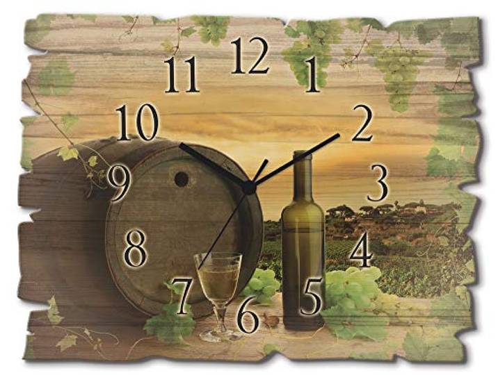 ARTLAND Wanddeko Wanduhr ohne Tickgeräusche aus Holz Funk Uhr lautlos 40x30 cm Rechteckig Küche Landschaft Natur Wein Obst Weintrauben U1UE