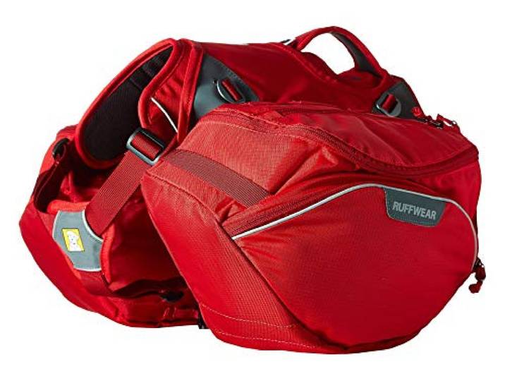 RUFFWEAR Strapazierfähiger Wander-Rucksack für Hunde, Inklusive 2 x 1L Wasserflasche, Kleine Hunderassen, Größenverstellbar, Größe: S, Rot (Red Currant), Palisades Pack