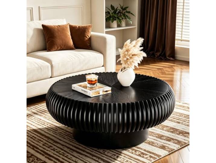 Handgefertigter runder geriffelter Couchtisch aus Holz Moderne Mitte des Jahrhunderts, minimalistische, elegante Trommel, rund, stabiler Sockel, für Wohnzimmerwohnung