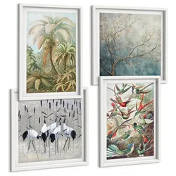 BILDER SET 4er Set - 50x50 cm & 40x60 cm Weißer Rahmen - Tropische Pflanzen, Vögel, Natur