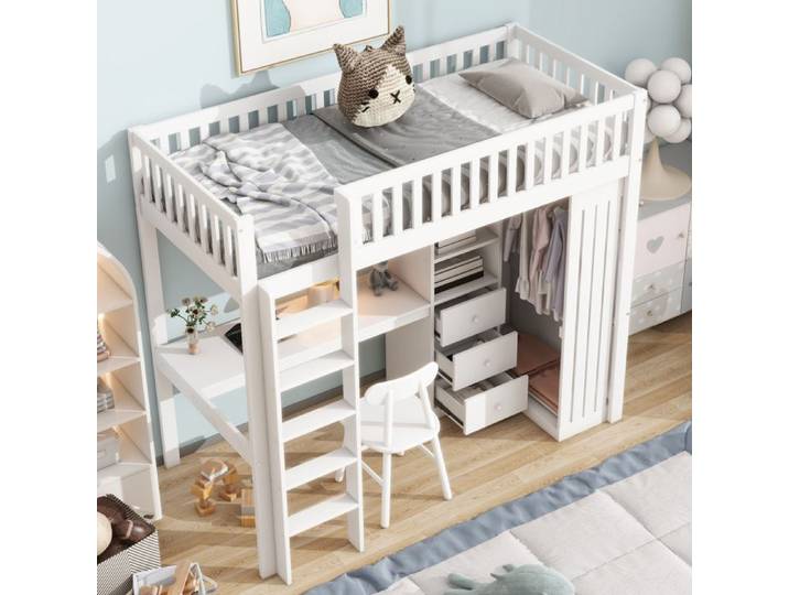 Lit mezzanine enfant AESVAR 90x200 cm avec bureau armoire 3 tiroirs rangements ouverts blanc