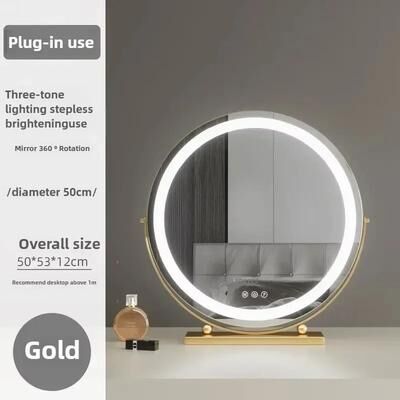 Uplift Picks Modern Round LED Makeup Mirror Rechargeable Desktop Vanity Beauty Mirror gold (50 Cm)