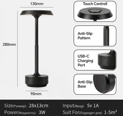 Inspired Living Cordless Table Lamp Rechargeable LED Portable Table Lamp With Stepless Dimming & 5000mAh Battery black