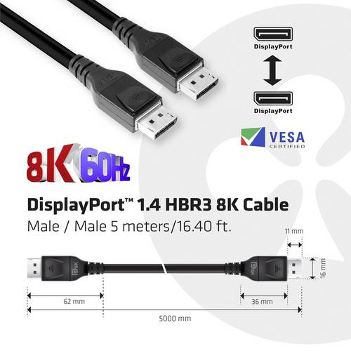 club3D DisplayPort Anschlusskabel DisplayPort Stecker, DisplayPort Stecker 5.00 m Schwarz CAC-1061 8K UHD DisplayPort-Kabel