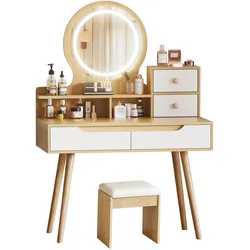 SCHMINKTISCH-SET in Holzoptik mit Weiß, LED-Spiegel, Hocker und 4 Schubladen