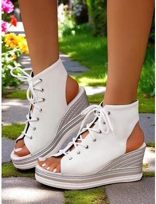 LightInthebox Women's Lace-Up Denim Wedge Sandals, Fashion Peep-Toe Summer Shoes, Perfect for Poolside, Brunch Outings and Seaside Cafés