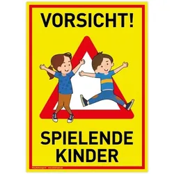 Großes Schild Vorsicht! Spielende Kinder | PVC 30 x 42 cm | Achtung Spieplatz | Langsam! Spielende Kinder | gelb | PVC-Schild mit UV-Schutz | Dreifke