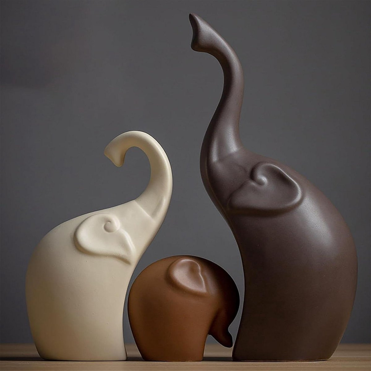 Set van 3 handbeschilderde keramische olifantenfiguurtjes voor decoratie, grijs