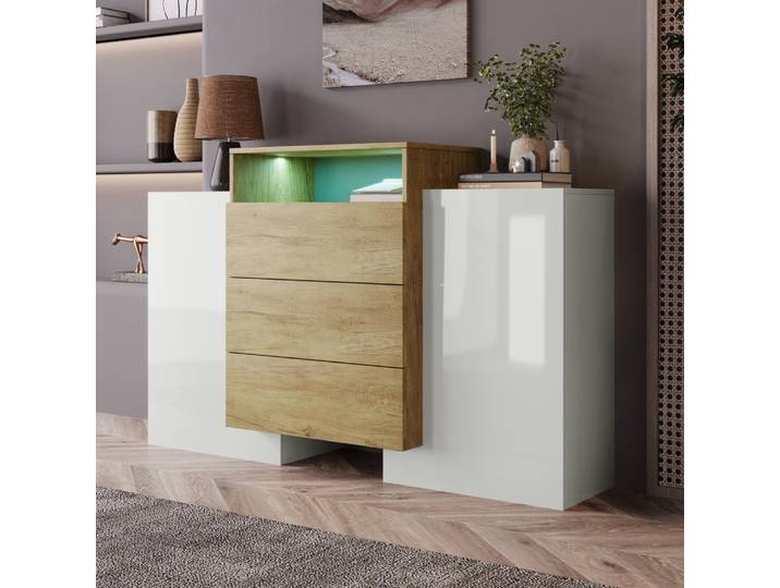 Buffet moderne PINGGO, couleur bois blanc brillant, commode avec effets lumineux LED multicolores, solution de rangement élégante