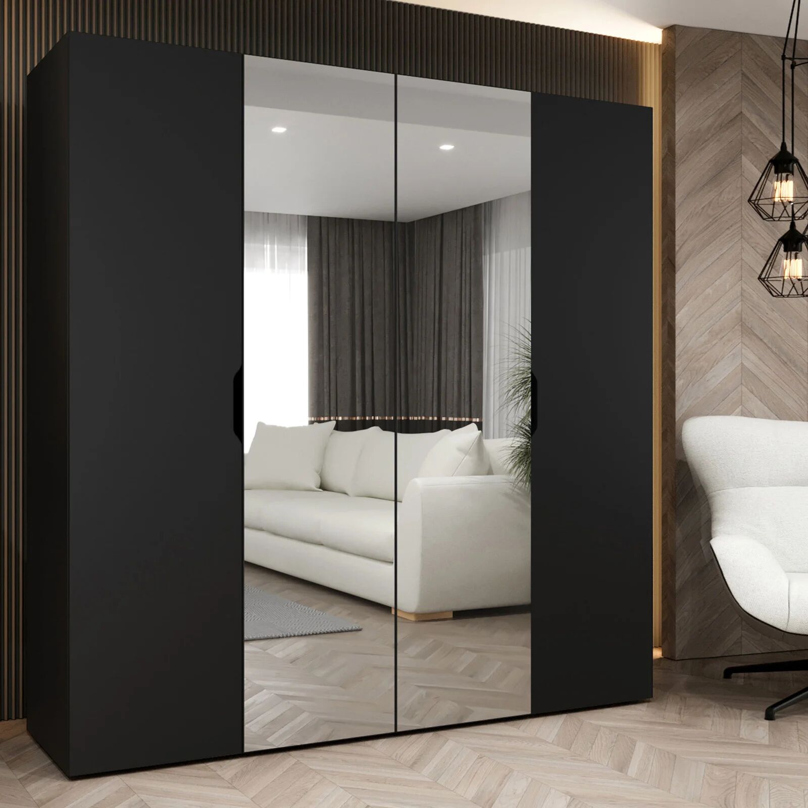 garneroarredamenti Armadio 200x202 cm 4 ante con specchio nero opaco Valencia