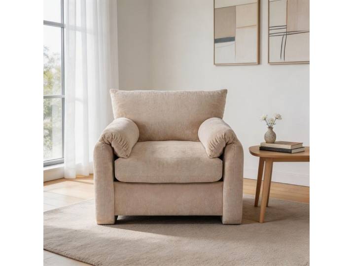 Fauteuil - Fauteuil chenille moderne - 1 place - Tissu chenille beige - Cadre bois massif & acier
