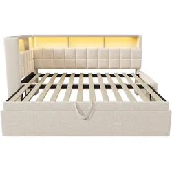 MODFU Polsterbett Leinen-Baumwolle Beige 90x200 cm mit Ausziehbett, Bluetooth-Lautsprecher, USB/Type-C und LED