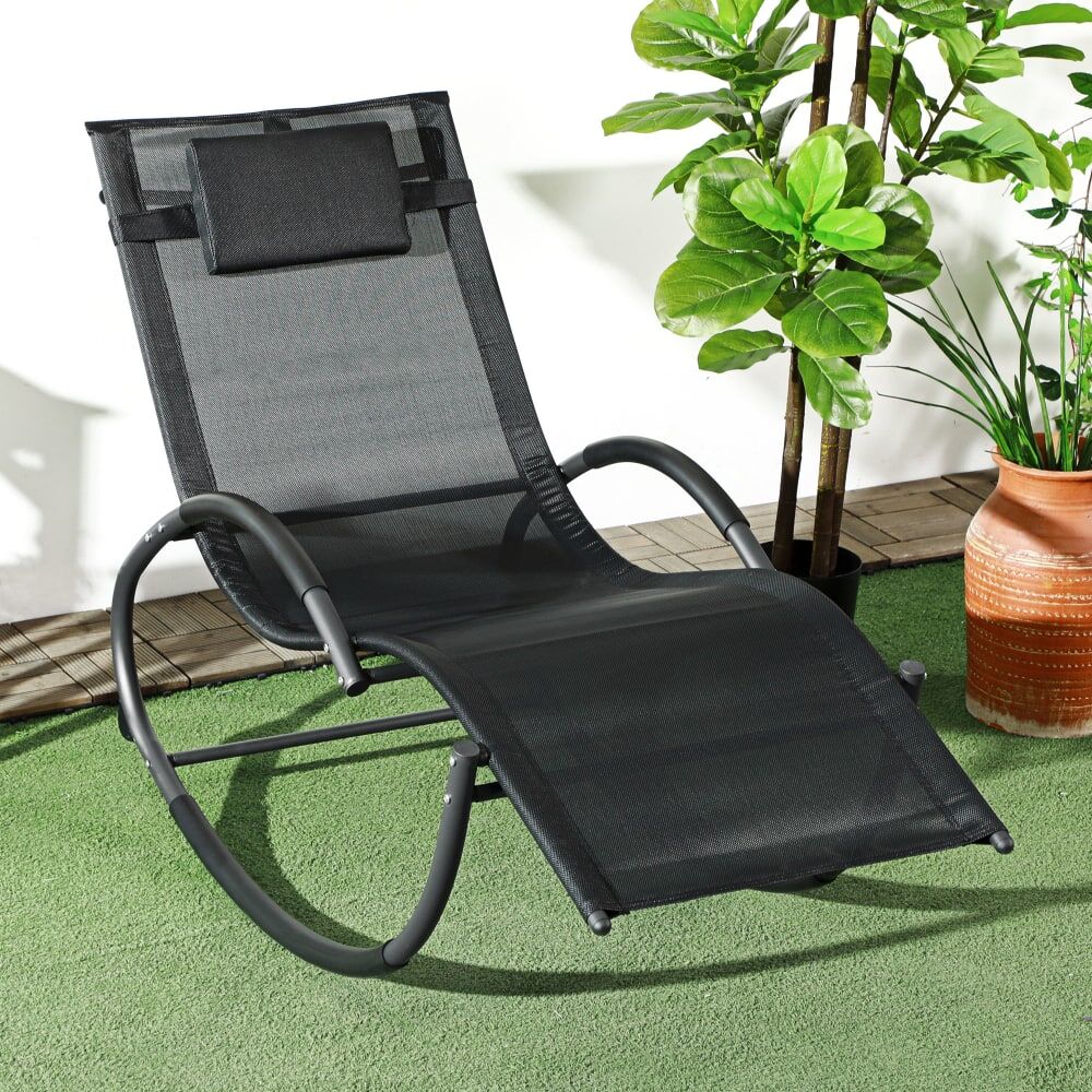 Outsunny Chaise longue à bascule rocking chair design contemporain noir Noir 394x224x155cm