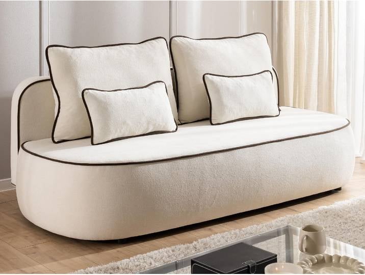 Vero - Modernes und abgerundetes 3-Sitzer-Schlafsofa mit Bettkasten aus Creme Plüschstoff mit brauner Paspel