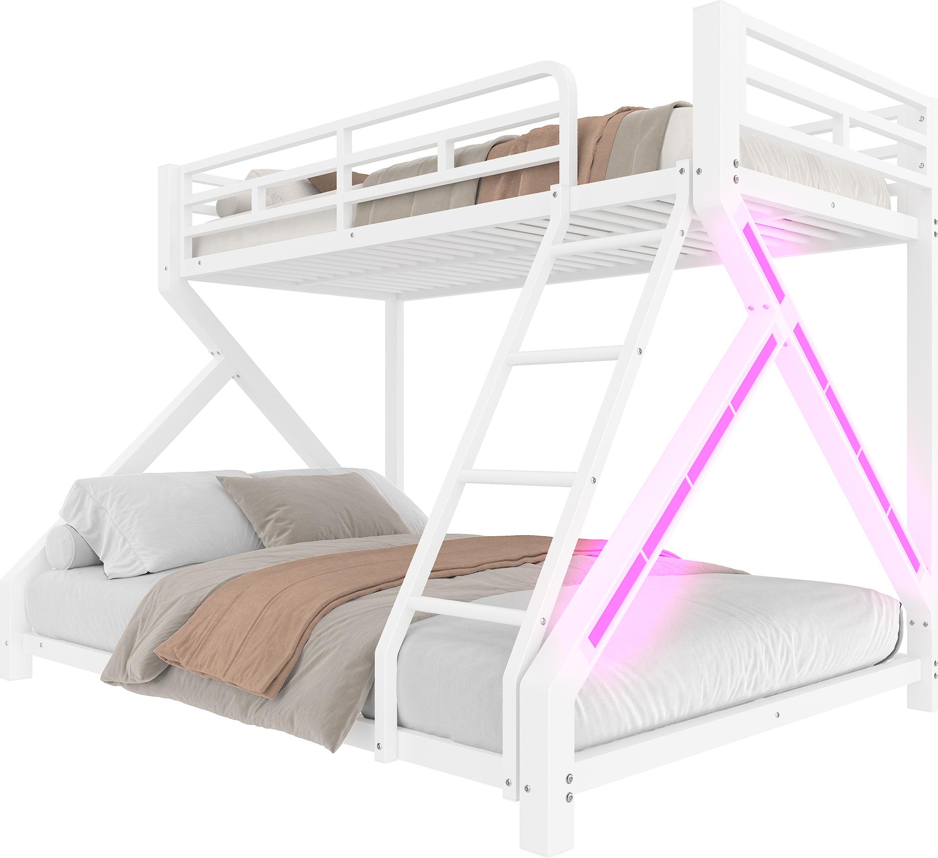 Etagenbett mit LED-Beleuchtung, 2 Liegeflächen und Rausfallschutz, Musik Sync, 90x200cm/140x200cm, Kinderbett, Jugendbett, Metallbett