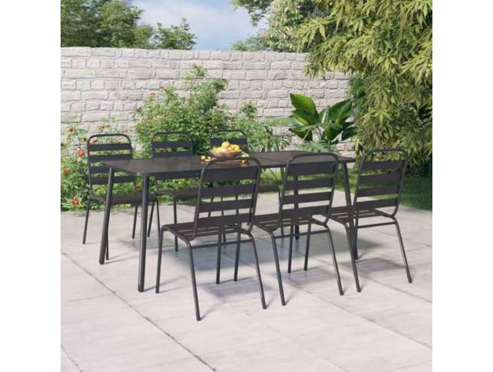 ZQQLVOO 7-TLG. Garten-Essgruppe Anthrazit Stahl Stapelbare Stühle, Pulverbeschichteter Rahmen, Lattenrost-Design, Max. 110 kg pro Sitzplatz