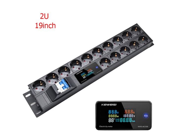 Multiprise PDU 2U à montage sur armoire de 19 pouces, ampèremètre/voltmètre/testeur de puissance, prise européenne 15 voies, interrupteur d'air 16A, câble d'extension de 2M