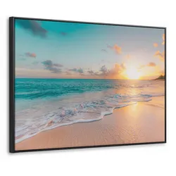 LEINWAND Bilder mit Rahmen - Sonnenuntergang - Strand - Meer - Sommer - Blau - 80x60