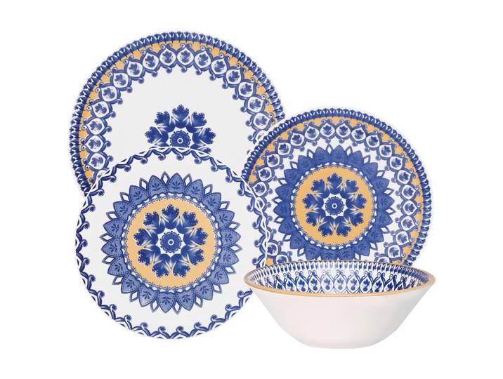Novel Kombiservice Celia, Blau, Gelb, Weiß, Keramik, 16-teilig, Mandala, 500 ml, Lfgb, lebensmittelecht, Geschirr, Geschirrsets, Kombiservice