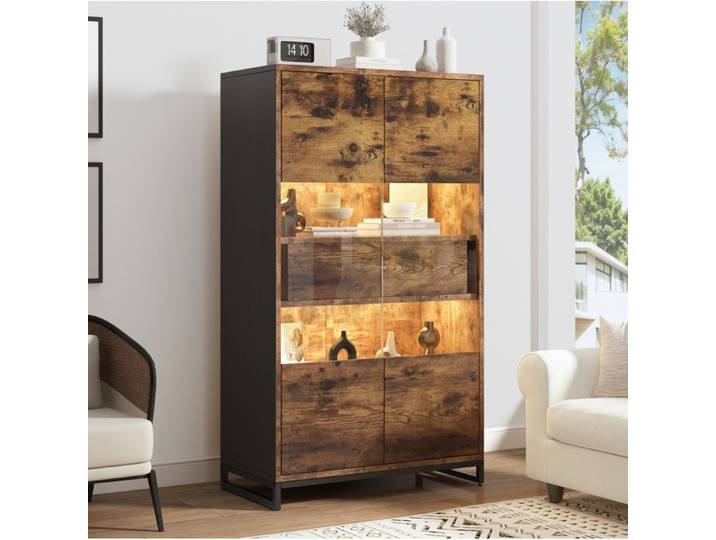 Vitrine haute LED 80x40x138 cm avec 2 tiroirs portes en acrylique MDF noir aspect bois FOLYNA