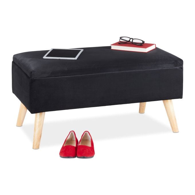 Relaxdays Opbergbank van fluweel in zwart, B/D/H: 120 x 40 x 41 cm