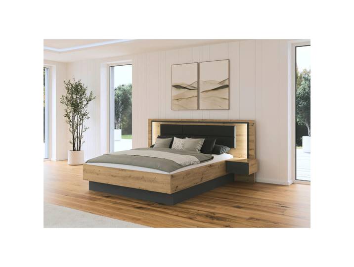 Rauch Möbel Bettanlage, Grau, Eiche Artisan, Textil, Holzwerkstoff, 160x200 cm, Blauer Engel, Goldenes M, Made in Germany, Beleuchtung, In verschiedenen Grössen erhältlich,hängend, Schlafzimmer, Bett, Bettanlagen