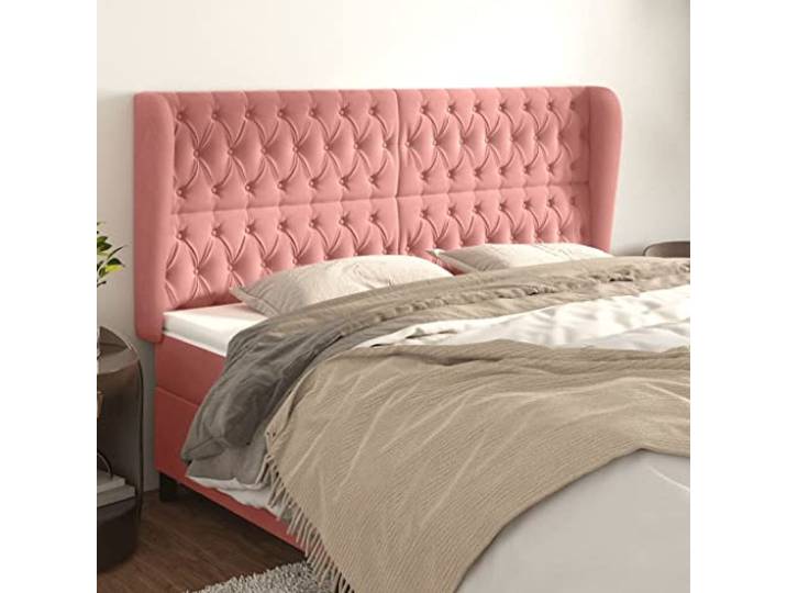 RJPLMFV Kopfteil mit Ohren, Rosa, 203 x 23 x 118/128 cm, Samt Höhenverstellbar, stabile Holzfüße, Rückenstütze zum Lesen, inklusive Montageanleitung