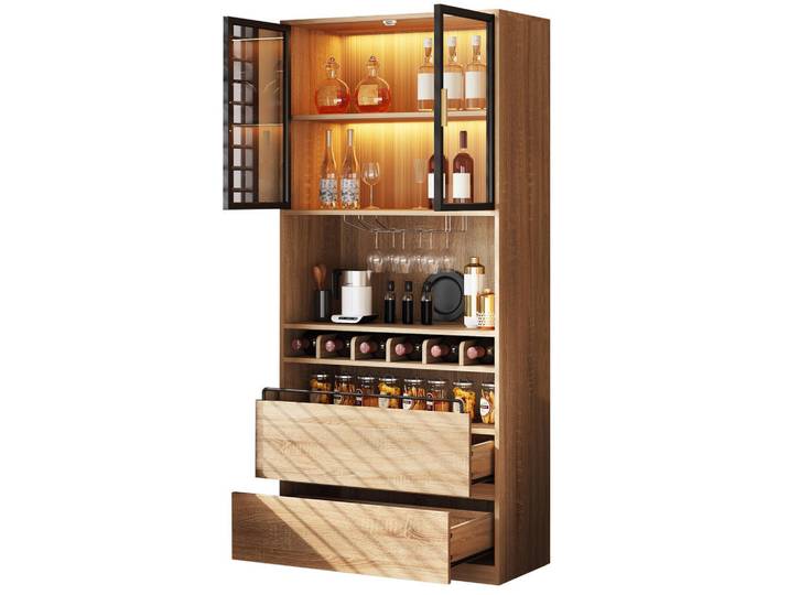 Modfu Vitrine 80x40x180 cm Naturfarben mit Glastüren & LED-Lichtleiste, 80x180x40 cm, Esszimmer, Vitrinen, Vitrinenschränke