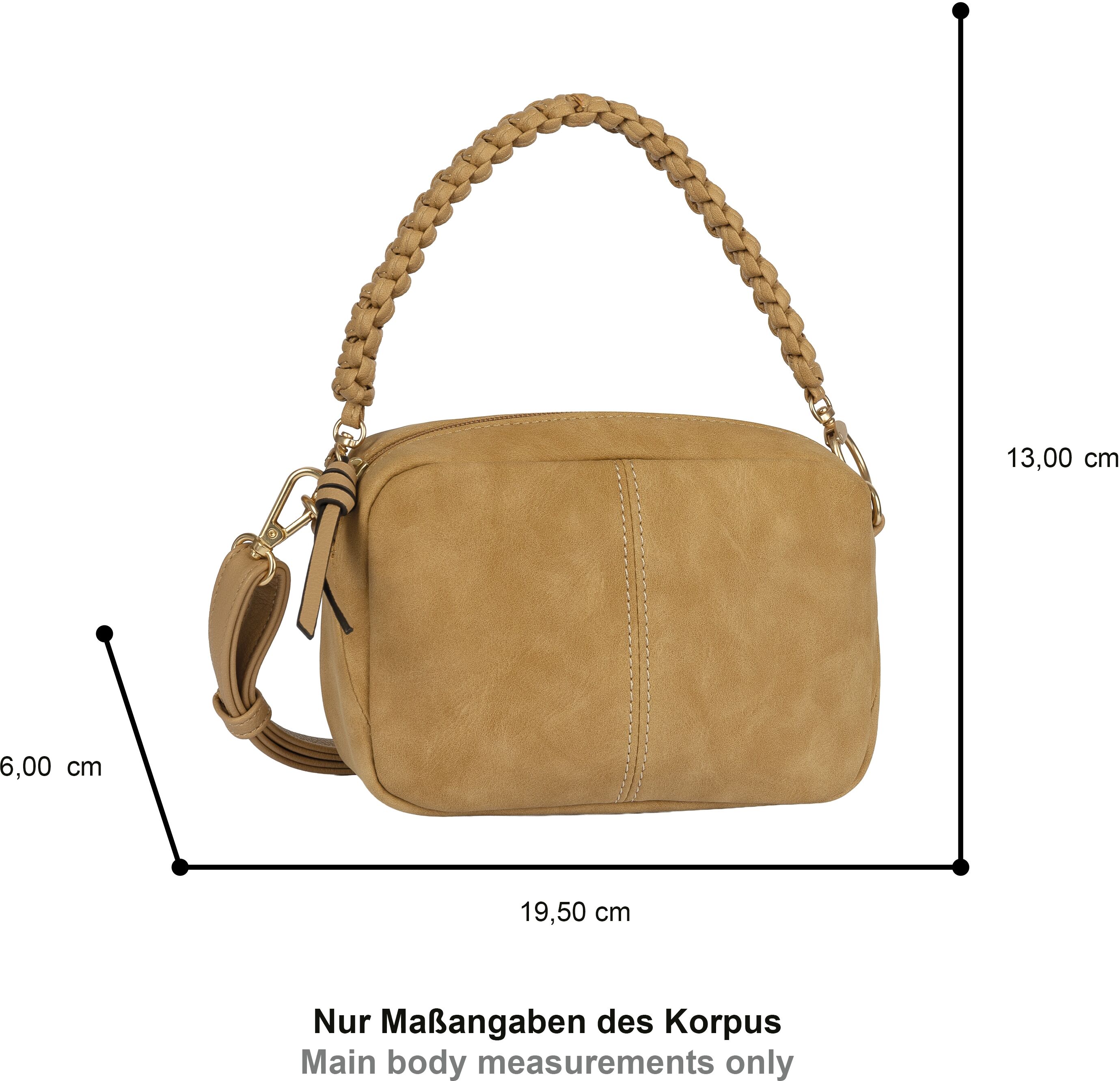 Handtasche GABOR "Belene", Damen, Gr. B/H/T: 19,5cm x 13cm x 6cm, beige (camel), Polyurethan, clean, gepflegt, unifarben, Taschen Handtasche, aus weichem Nubukimtiat mit geflochtenen Henkel & markante Ziernähte