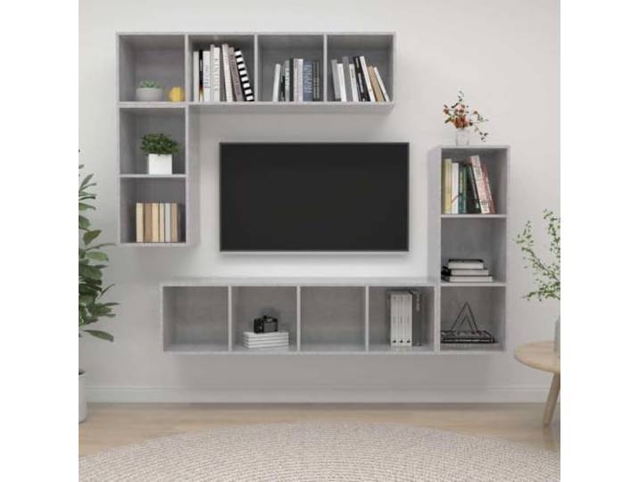 HEFZGDB 4-TLG. TV-Schrank-Set Betongrau Holzwerkstoff Wandmontage Stauraum Organizer