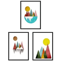 POSTER Set mit 4 Geometrische Berge nordischer A3 Schwarzer Rahmen