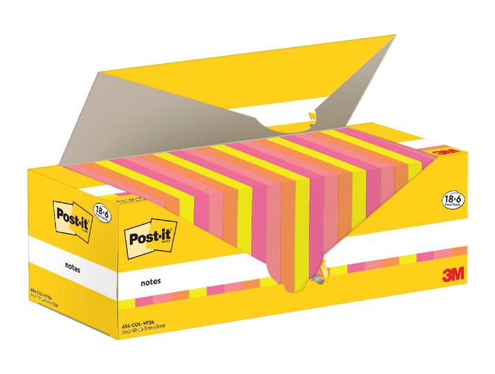 Notizblock POST-IT NOTES 3M 76 x 76 mm 18+6 Blöcke , bunt, B:7,6cm L:7,6cm, Schreibblöcke, Notizblock