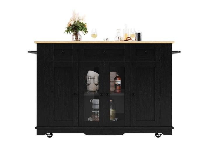 Flieks Kücheninsel Servierwagen Glas Holzmaserung Schwarz, Metall, 151.5x91.7x60 cm, Küchen, Küchenmöbel, Kücheninseln